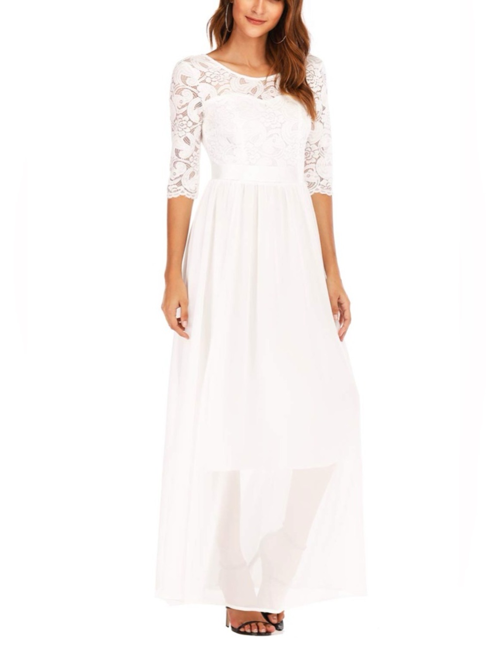 White 1/2 Lace Sleeves & Bodice Chiffon Sheer Skirt Maxi Wedding Dress